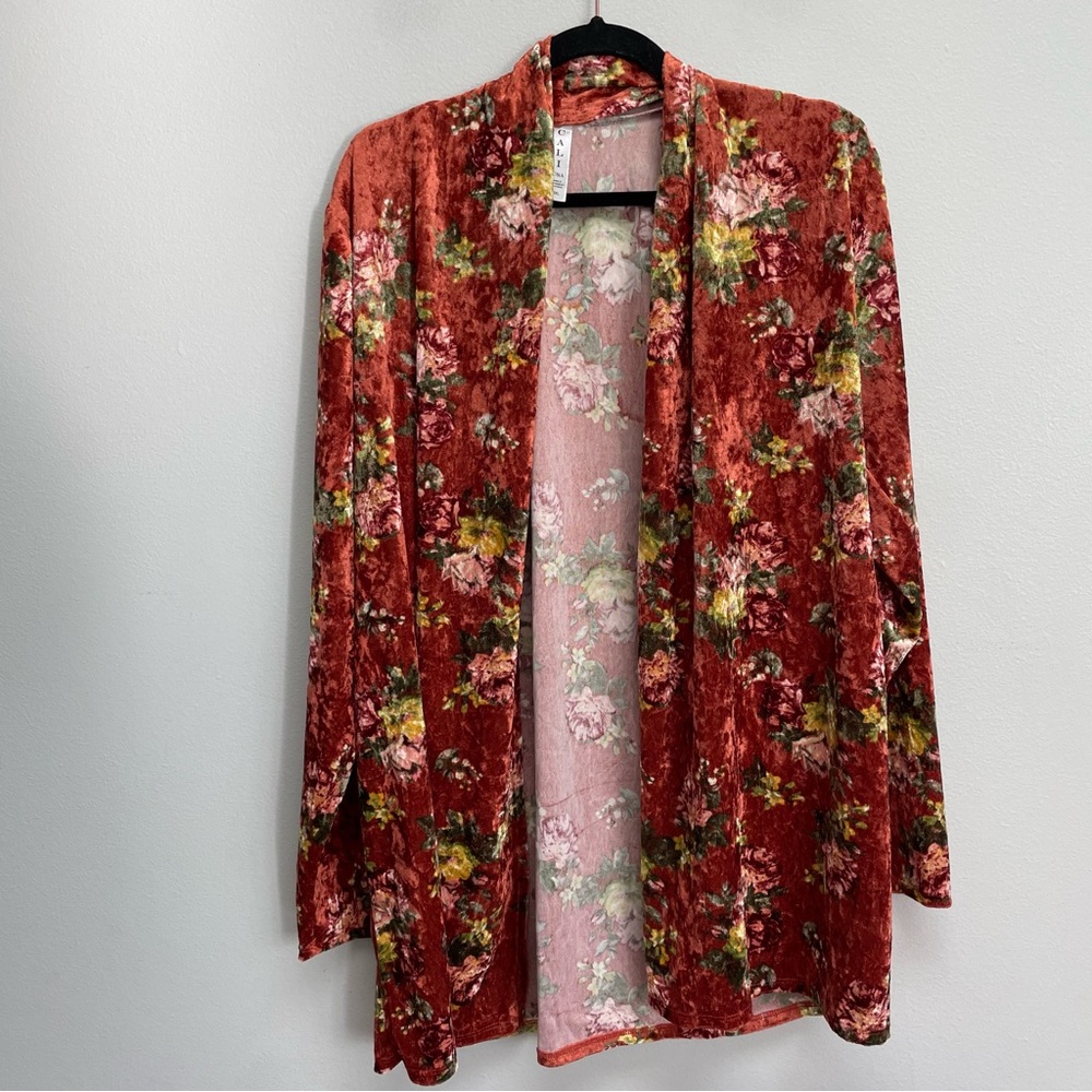 Cali USA kimono cardigan sweater floral velvet velour open front boho 3X